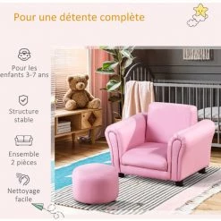 HOMCOM Ensemble Fauteuil Et Pouf Enfant Style Contemporain Structure Bois Revêtement Synthétique PVC Rose -Pas Cher Fauteuil Magasin 46698849 4