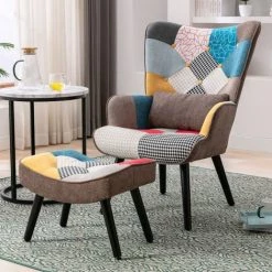 YOUTHUP Fauteuil Scandinave Avec Repose-pieds Et Oreiller Lombaire Chaise De Loisirs Fauteuil De Salon Revêtement En Tissu De Lin Multicolore Patchwork - Multicolore