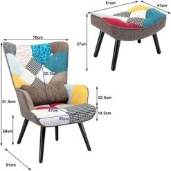 YOUTHUP Fauteuil Scandinave Avec Repose-pieds Et Oreiller Lombaire Chaise De Loisirs Fauteuil De Salon Revêtement En Tissu De Lin Multicolore Patchwork - Multicolore -Pas Cher Fauteuil Magasin 47035506 4