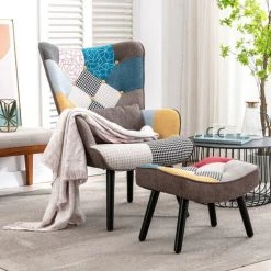 YOUTHUP Fauteuil Scandinave Avec Repose-pieds Et Oreiller Lombaire Chaise De Loisirs Fauteuil De Salon Revêtement En Tissu De Lin Multicolore Patchwork - Multicolore -Pas Cher Fauteuil Magasin 47035506 5