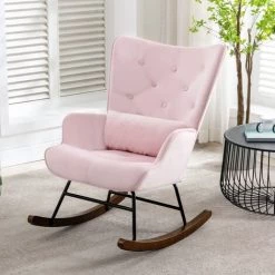 YOUTHUP Chaise à Bascule Fauteuil Allaitement Bébé Tissu En Velours Style Scandinave Bois D'Hévéa Rose - Rose