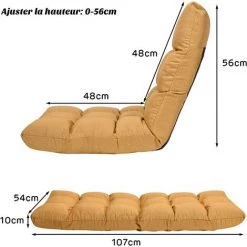 COSTWAY Canapé Paresseux Pliable, Chaise De Sol Rembourrée D’Éponge, Dossier Inclinable à 14 Positions, 108 X 56 X 12 CM Jaune 11 COSTWAY Canapé Paresseux Pliable, Chaise De Sol Rembourrée D’Éponge, Dossier Inclinable à 14 Positions, 108 X 56 X 12 CM Jaune -Pas Cher Fauteuil Magasin 48476742 5