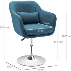 HOMCOM Fauteuil Lounge Design Grand Confort Coussins Lombaires Hauteur Réglable Pivotant 360° Piètement Métal Chromé Lin Bleu Canard - Bleu -Pas Cher Fauteuil Magasin 48873189 3