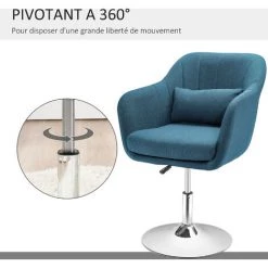 HOMCOM Fauteuil Lounge Design Grand Confort Coussins Lombaires Hauteur Réglable Pivotant 360° Piètement Métal Chromé Lin Bleu Canard - Bleu -Pas Cher Fauteuil Magasin 48873189 5