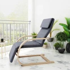 BAMNY Fauteuil De Relaxation, Avec Accoudoirs En Bois, Fauteuil à Bascule Réglable En 5 Niveaux, Pour Salon, Chambre, Jardin, Balcon, Gris, Peut Supporter 150 Kg -Pas Cher Fauteuil Magasin 49197310 5