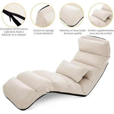 COSTWAY Fauteuil Relax Salon En Faux Daim Pliable, Réglable Sur 5 Positions Chaise De Relaxation Rembourrée Fauteuil Sol Pour Salon, Mobilier De Bureau, Chambre, Beige 6 COSTWAY Fauteuil Relax Salon En Faux Daim Pliable, Réglable Sur 5 Positions Chaise De Relaxation Rembourrée Fauteuil Sol Pour Salon, Mobilier De Bureau, Chambre, Beige – Image 4