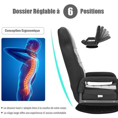 COSTWAY Fauteuil Pliable De Sol, Dossier Réglable Sur 6 Positions Et Base Pivotante à 360°, Cadre En Fer Robuste Gris 4 COSTWAY Fauteuil Pliable De Sol, Dossier Réglable Sur 6 Positions Et Base Pivotante à 360°, Cadre En Fer Robuste Gris – Image 2