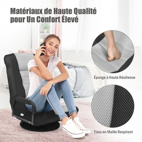 COSTWAY Fauteuil Pliable De Sol, Dossier Réglable Sur 6 Positions Et Base Pivotante à 360°, Cadre En Fer Robuste Gris 5 COSTWAY Fauteuil Pliable De Sol, Dossier Réglable Sur 6 Positions Et Base Pivotante à 360°, Cadre En Fer Robuste Gris – Image 3