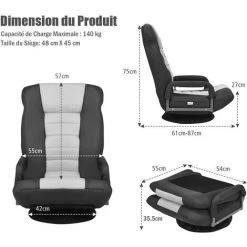 COSTWAY Fauteuil Pliable De Sol, Dossier Réglable Sur 6 Positions Et Base Pivotante à 360°, Cadre En Fer Robuste Gris 11 COSTWAY Fauteuil Pliable De Sol, Dossier Réglable Sur 6 Positions Et Base Pivotante à 360°, Cadre En Fer Robuste Gris -Pas Cher Fauteuil Magasin 49752510 5