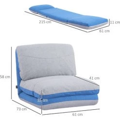 HOMCOM Chauffeuse - Matelas D'appoint Pliant - Fauteuil Convertible - Inclinaison Dossier Réglable 5 Positions - Tissu Polyester Aspect Lin Gris Clair Bleu - Gris -Pas Cher Fauteuil Magasin 50909076 3