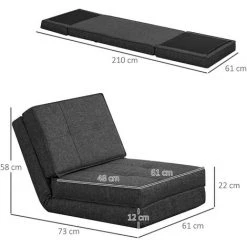HOMCOM Chauffeuse - Matelas D'appoint Pliant - Fauteuil Convertible - Inclinaison Dossier Réglable 5 Positions - Tissu Polyester Aspect Lin Gris - Gris -Pas Cher Fauteuil Magasin 50909077 3