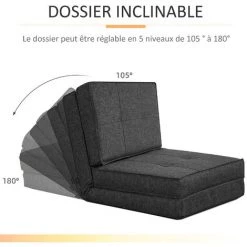 HOMCOM Chauffeuse - Matelas D'appoint Pliant - Fauteuil Convertible - Inclinaison Dossier Réglable 5 Positions - Tissu Polyester Aspect Lin Gris - Gris -Pas Cher Fauteuil Magasin 50909077 5