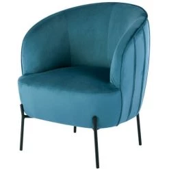 MOLOO CUT - Fauteuil Design Velours Bleu Canard Pieds Métal Noir - Bleu