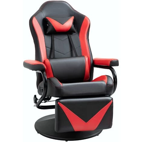 HOMCOM Fauteuil Gaming Inclinable Pivotant Avec Repose-pied Rétractable - Coussins Lombaires, Tétière Inclus - Revêtement Synthétique Rouge Noir 3 HOMCOM Fauteuil Gaming Inclinable Pivotant Avec Repose-pied Rétractable - Coussins Lombaires, Tétière Inclus - Revêtement Synthétique Rouge Noir