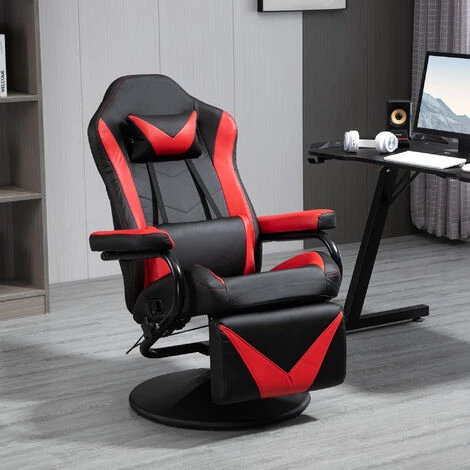HOMCOM Fauteuil Gaming Inclinable Pivotant Avec Repose-pied Rétractable - Coussins Lombaires, Tétière Inclus - Revêtement Synthétique Rouge Noir 4 HOMCOM Fauteuil Gaming Inclinable Pivotant Avec Repose-pied Rétractable - Coussins Lombaires, Tétière Inclus - Revêtement Synthétique Rouge Noir – Image 2