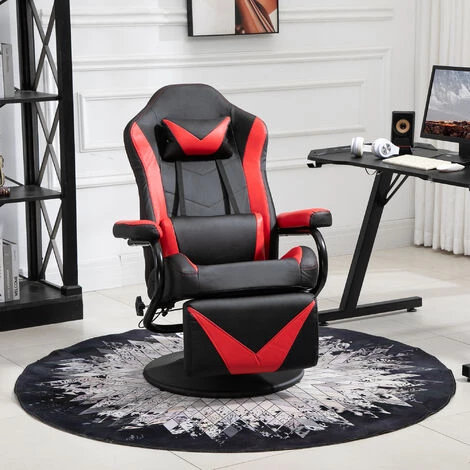 HOMCOM Fauteuil Gaming Inclinable Pivotant Avec Repose-pied Rétractable - Coussins Lombaires, Tétière Inclus - Revêtement Synthétique Rouge Noir 6 HOMCOM Fauteuil Gaming Inclinable Pivotant Avec Repose-pied Rétractable - Coussins Lombaires, Tétière Inclus - Revêtement Synthétique Rouge Noir – Image 4