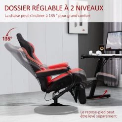 HOMCOM Fauteuil Gaming Inclinable Pivotant Avec Repose-pied Rétractable - Coussins Lombaires, Tétière Inclus - Revêtement Synthétique Rouge Noir 11 HOMCOM Fauteuil Gaming Inclinable Pivotant Avec Repose-pied Rétractable - Coussins Lombaires, Tétière Inclus - Revêtement Synthétique Rouge Noir -Pas Cher Fauteuil Magasin 51254799 5