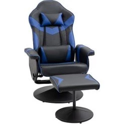 HOMCOM Fauteuil Gaming Inclinable Pivotant Avec Repose-pied - Coussins Lombaires, Tétière Inclus - Revêtement Synthétique Bleu Noir