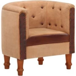 YOUTHUP Fauteuil Marron Cuir Véritable Et Bois De Manguier Massif - Brun