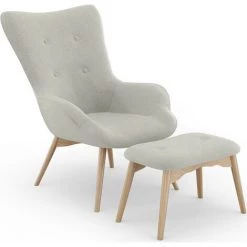 PRIVATEFLOOR Fauteuil Rembourré En Lin Avec Repose-pieds - Huda Beige - Bois, Bois, Velours, Polyester - Beige