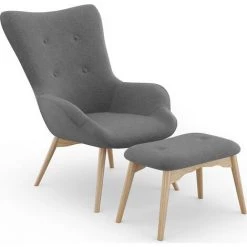 PRIVATEFLOOR Fauteuil Rembourré En Lin Avec Repose-pieds - Huda Gris Foncé - Bois, Bois, Velours, Polyester - Gris Foncé