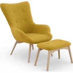 PRIVATEFLOOR Fauteuil Rembourré En Lin Avec Repose-pieds - Huda Jaune - Bois, Bois, Velours, Polyester - Jaune