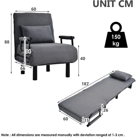 MERAX Fauteuil Chauffeuse Canapé-lit Convertible 1 Place Déhoussable Avec Confort Coussin Pieds Accoudoirs Métal 6 Positions 150kg Gris 7 MERAX Fauteuil Chauffeuse Canapé-lit Convertible 1 Place Déhoussable Avec Confort Coussin Pieds Accoudoirs Métal 6 Positions 150kg Gris – Image 5
