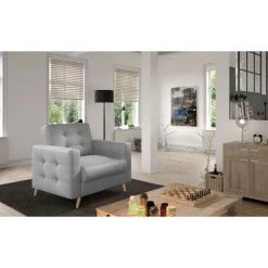 LES TENDANCES Fauteuil Matelassé Velours Gris Clair Et Bois Clair Anska -Pas Cher Fauteuil Magasin 54718841 3