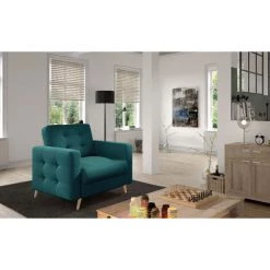 LES TENDANCES Fauteuil Matelassé Velours Bleu Canard Et Bois Clair Anska -Pas Cher Fauteuil Magasin 54719090 3