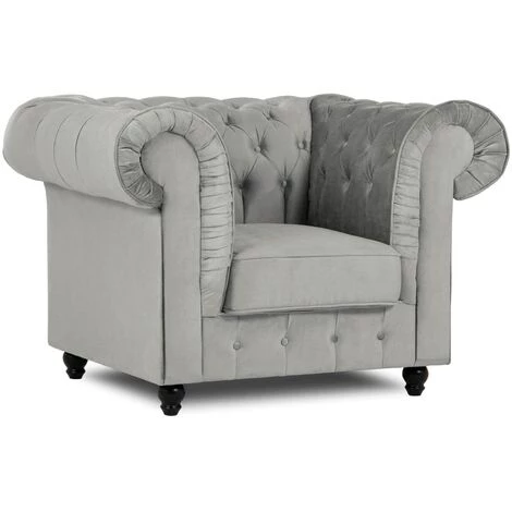 MOBILIER DECO WARREN - Fauteuil Chesterfield En Velours Gris 3 MOBILIER DECO WARREN - Fauteuil Chesterfield En Velours Gris