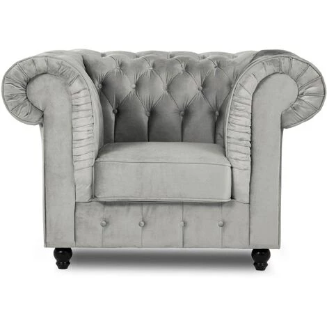 MOBILIER DECO WARREN - Fauteuil Chesterfield En Velours Gris 4 MOBILIER DECO WARREN - Fauteuil Chesterfield En Velours Gris – Image 2