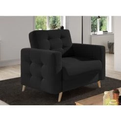 LES TENDANCES Fauteuil Matelassé Tissu Noir Et Bois Clair Anska
