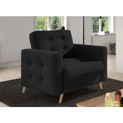 LES TENDANCES Fauteuil Matelassé Tissu Noir Et Bois Clair Anska 3 LES TENDANCES Fauteuil Matelassé Tissu Noir Et Bois Clair Anska