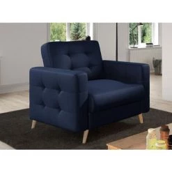 LES TENDANCES Fauteuil Matelassé Velours Bleu Marine Et Bois Clair Anska