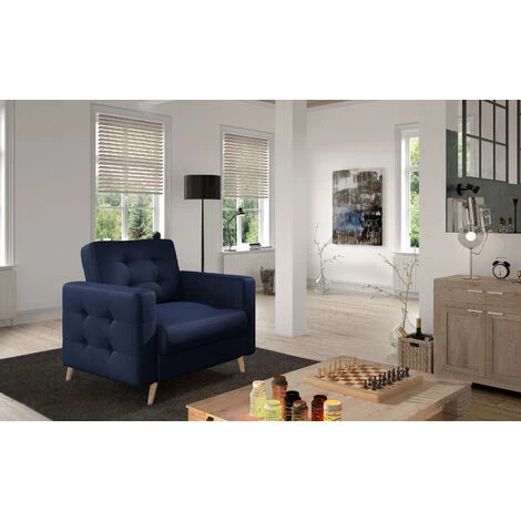 LES TENDANCES Fauteuil Matelassé Velours Bleu Marine Et Bois Clair Anska 5 LES TENDANCES Fauteuil Matelassé Velours Bleu Marine Et Bois Clair Anska – Image 3