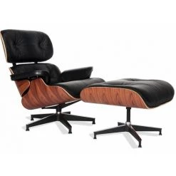 LES TENDANCES Fauteuil Lounge Avec Repose Pieds Bois De Palissandre Et Cuir Noir Ungo