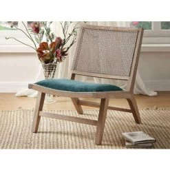 VENTE-UNIQUE.COM Fauteuil En Velours Et Cannage HELIAS - Bleu - Bleu Canard