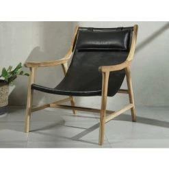 VENTE-UNIQUE.COM Fauteuil OSANI En Teck Et Cuir Vieilli - Noir - Noir