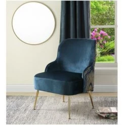 VENTE-UNIQUE.COM Fauteuil En Velours JOVIETTE - Bleu Et Motif Plumes De Paon - Bleu -Pas Cher Fauteuil Magasin 55883459 2