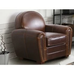 VENTE-UNIQUE.COM Fauteuil Club 100% Cuir Vieilli BAUDOIN - Marron - Marron Chocolat