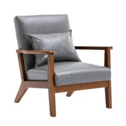 YOUTHUP Fauteuil En Cuir Artificiel Tapisé Style Vintag-Fauteuil En Bois Naturel De Bureau De Chambre à Coucher, Gris - Gris -Pas Cher Fauteuil Magasin 56697190 2