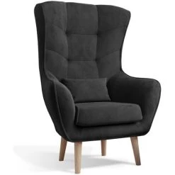 LES TENDANCES Fauteuil Bergère Velours Anthracite Capitonné Lazza 80 Cm