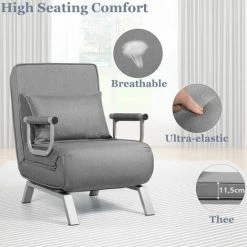 GIANTEX Fauteuil Chauffeuse Convertible 1 Place, CanapE Lit Pliable, Fauteuil De Salon 3 En 1 Avec Accoudoirs, Coussins, Dossier REglable Sur 5 Niveaux, Pour Bureau,Salons, Chambre à Coucher (Gris) -Pas Cher Fauteuil Magasin 57099499 3