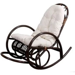 DéCOSHOP26 Fauteuil Chaise à Bascule Rocking Chair Relaxation Design Rustique En Rotin Marron Coussin Blanc - Marron
