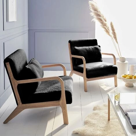 ALICE'S GARDEN Fauteuil à Bouclettes . Bois Et Tissu. 1 Place Droit Fixe. Pieds Compas Scandinave. Structure En Bois Solide. Assise Confortable Polyester Noir - Noir 5 ALICE'S GARDEN Fauteuil à Bouclettes . Bois Et Tissu. 1 Place Droit Fixe. Pieds Compas Scandinave. Structure En Bois Solide. Assise Confortable Polyester Noir - Noir – Image 3