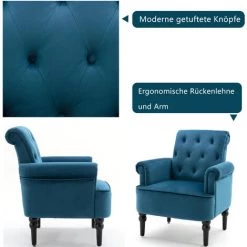 MERAX Fauteuil De Salon Scandinave Velours Bleu Esprit Bohème-chic Dossier 5 Boutons Accoudoirs Courbés Piètement Bois Hévéa Noir -Pas Cher Fauteuil Magasin 59411662 4