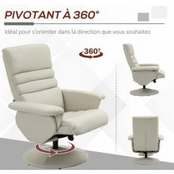 HOMCOM Fauteuil Relax Inclinable Pivotant Contemporain Avec Repose-pieds Grand Confort Revêtement Synthétique Crème - Crème -Pas Cher Fauteuil Magasin 59418503 5