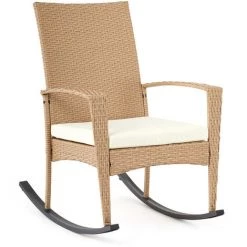 Fauteuil à Bascule, Chaise Berçante De Relaxation Rocking Chair En Résine Tressée Avec Coussin Pour Salon, Terrasse, Beige - Mondeer