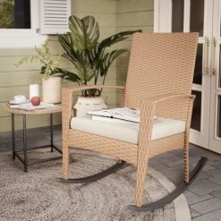 Fauteuil à Bascule, Chaise Berçante De Relaxation Rocking Chair En Résine Tressée Avec Coussin Pour Salon, Terrasse, Beige - Mondeer -Pas Cher Fauteuil Magasin 59466857 3
