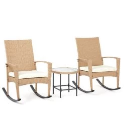 Ensemble De Meuble Fauteuil à Bascule, Chaise Berçante De Relaxation Rocking Chair En Résine Tressée Avec Coussin Et Table Pour Salon, Terrasse, Beige - Mondeer
